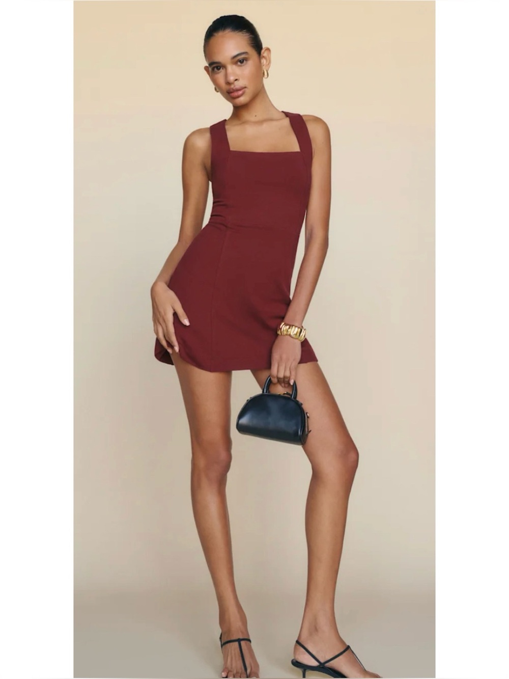 REFORMATION Rai Mini Dress Organic Cotton Square Neck in Chianti Size L